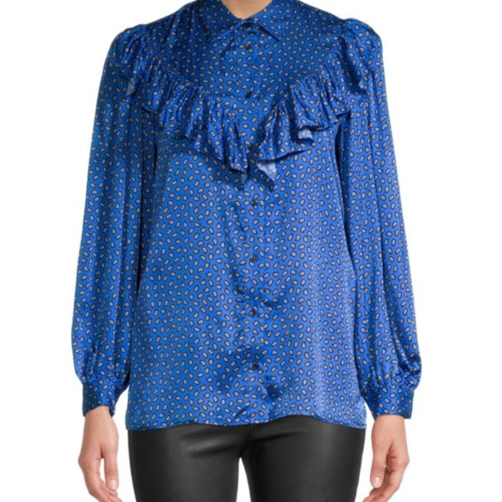 Maje Blue Patterned Ruffle Blouse Paisley-Print Ruffled Shirt m medium - Picture 10 of 10
